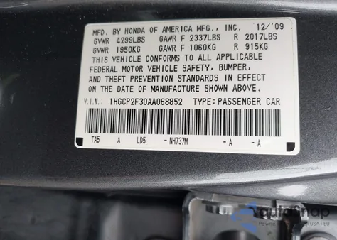 2010 Honda Accord 2.4 Lx from USA, damaged, VIN 1HGCP2F30AA068852